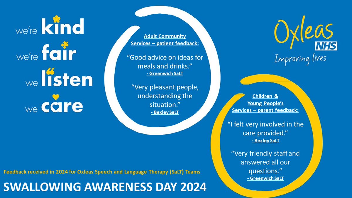 Yesterday was #SwallowingAwarenessDay! Here is some feedback for our @OxleasNHS Speech & Language Therapists who have a key role in identifying, assessing and managing eating, drinking and swallowing difficulties. @BexleySLT #SwallowAware2024 #SwallowAware #Dysphagia