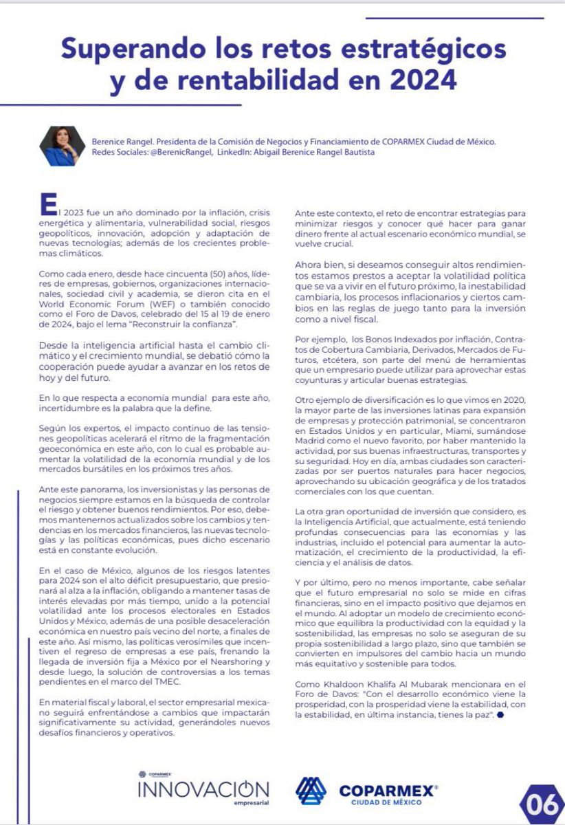 Te invitamos a leer el análisis de <a href="/BerenicRangel/">Berenice Rangel</a> , Directora LAI para la Revista “Innovación Empresarial”, donde nos habla sobre Cómo superar los retos estratégicos y de rentabilidad para este 2024 📈📊

👉🏻 bit.ly/InnovaciónCopa…

#Economía #Finanzas #PerspectivasEconómicas2024