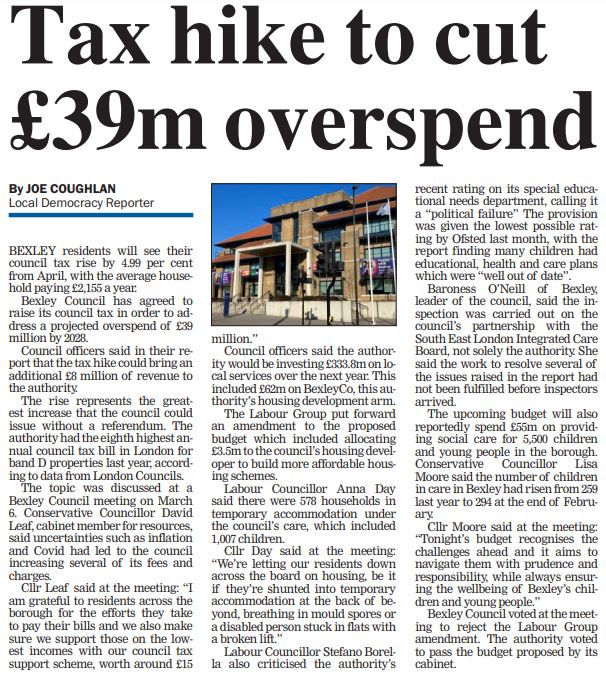 This week's <a href="/NewsShopper/">News Shopper</a> covers last week's budget meeting quoting <a href="/StefBorella/">Stefano Borella</a> &amp; <a href="/Annarbanannar/">Anna Day</a> . The article outlines how #Conservative Councillors voted down our amendment to invest in affordable housing, address the instability of the council's budget &amp; OFSTED's SEND findings