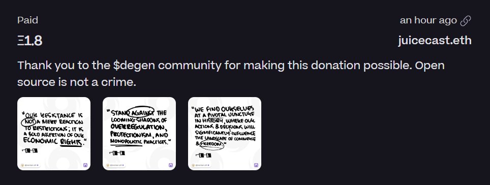 Thanks to the <a href="/degentokenbase/">Degen 🎩</a> community on <a href="/farcaster_xyz/">Farcaster</a>, we were able to claim 2,223,363 $degen and donate 1.8 ETH ($6900) to <a href="/rstormsf/">Roman Storm 🇺🇸 🌪️</a> and <a href="/alex_pertsev/">Alexey Pertsev</a>'s legal defense.

Open source is not a crime.