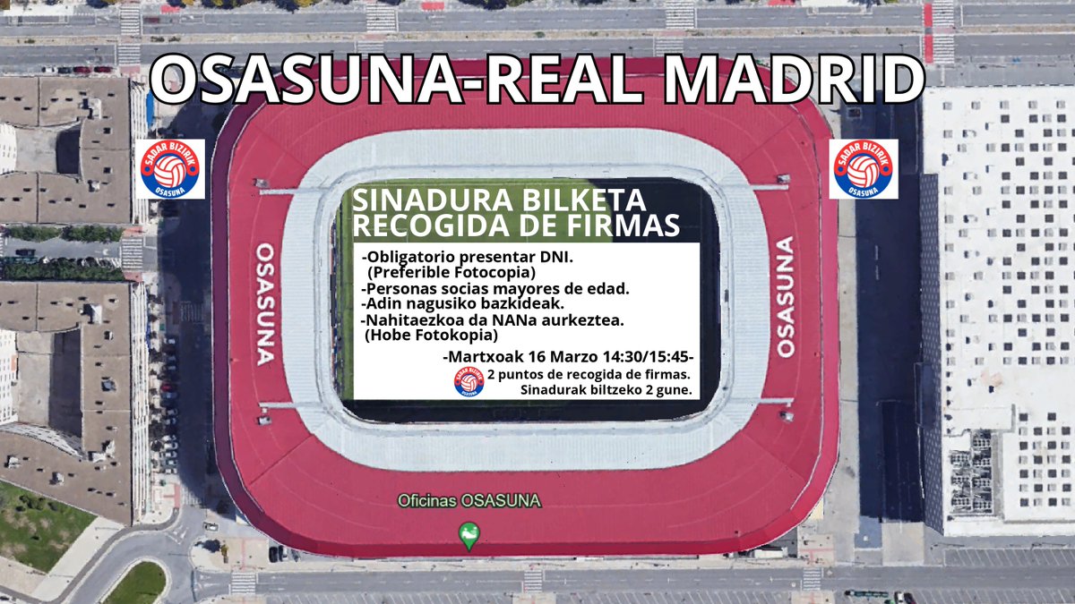sadarbizirik's tweet photo. Osasuna-Real Madrid.
👉A partir de las 14:30 horas, las personas socias mayores de edad, pueden firmar en 2 puntos en los aledaños de las puertas 21 y 8.  
✍️Anímate y participa.  
Osasuna y su afición, nuestra prioridad. https://t.co/h7A2PgQNIu