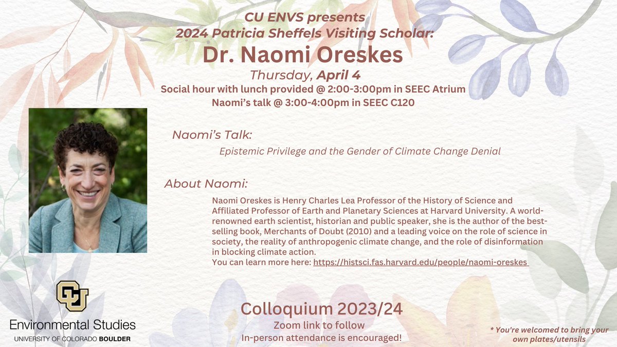 We are absolutely thrilled to welcome distinguished, Dr. @NaomiOreskes to speak about the gender of climate change denial. Join for her talk, and a lunch before, on April 4!