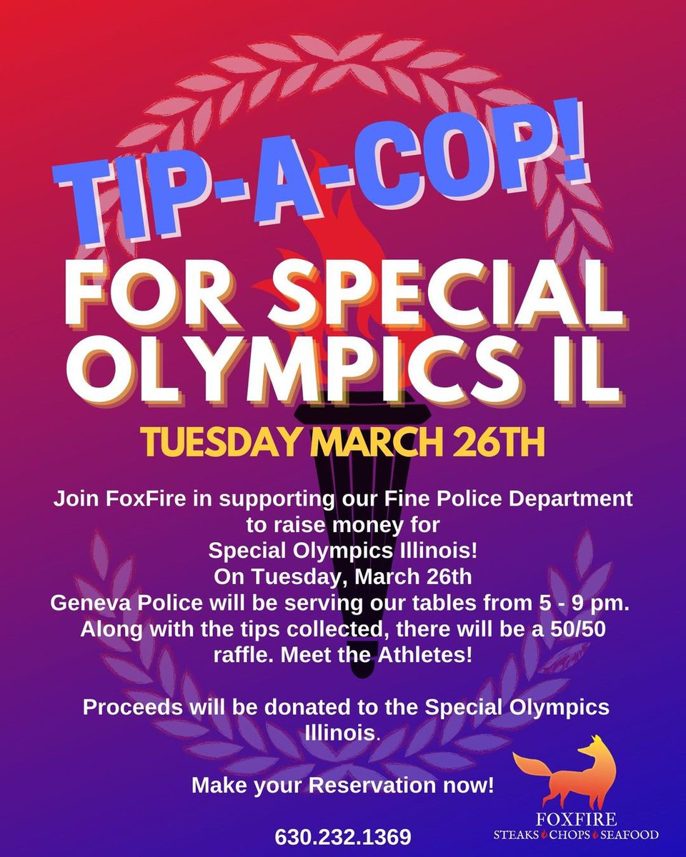 📢 Attention Press & Media! Join us for an incredible event in support of a worthy cause! We're eager to coordinate attendance and/or coverage! Drop us a message so we can work together to make it happen 👮🏼‍♂️🤝🎗️

#MediaAlert #Fundraiser #TipACop #SpecialOlympicsIL #FoxFireGeneva