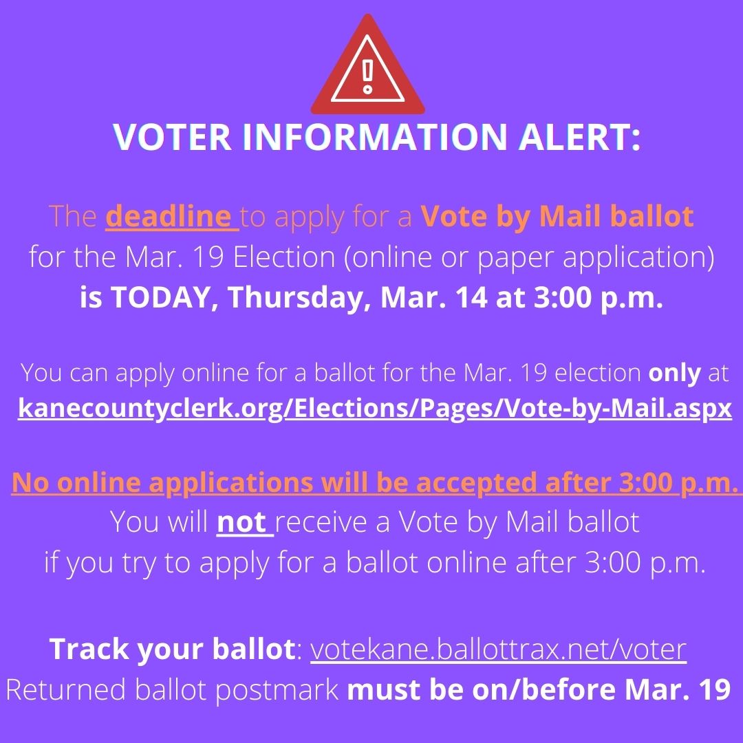 Reminder: The deadline to request a #VotebyMail ballot in #KaneCounty is TODAY at 3pm. You can apply for a Vote by Mail ballot online at clerk.kanecountyil.gov/Elections/Page…. You can sign up for our VBM ballot tracking program at votekane.ballottrax.net/voter/