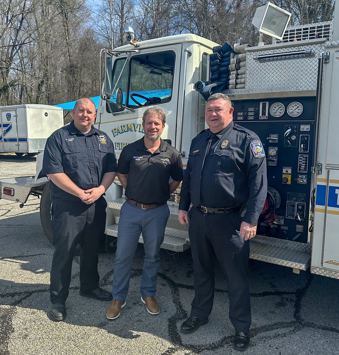 Thank you to @DominionEnergy for your support of VFSA and @FarmvilleFire . Great event today! Pic 1 : Dr Cedric Green, Senior Vice President–Generation and VSFA President Walt Bailey. Pic 2 : Farmville Fire Chief Daniel Clark, myself, and Farmville Police Chief Andy Ellington