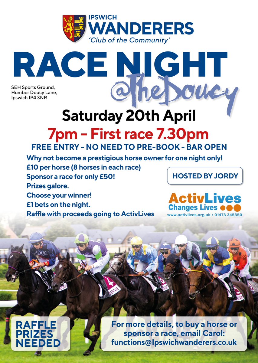 Race Night @_IWFC Please see poster for details Sponsor a HORSE £10 or a RACE £50 Thank you for your support and we look forward to a good night of fun, racing - you may even win some money Raffle also on the night with proceeds going to @ActivLives - prizes welcomed!