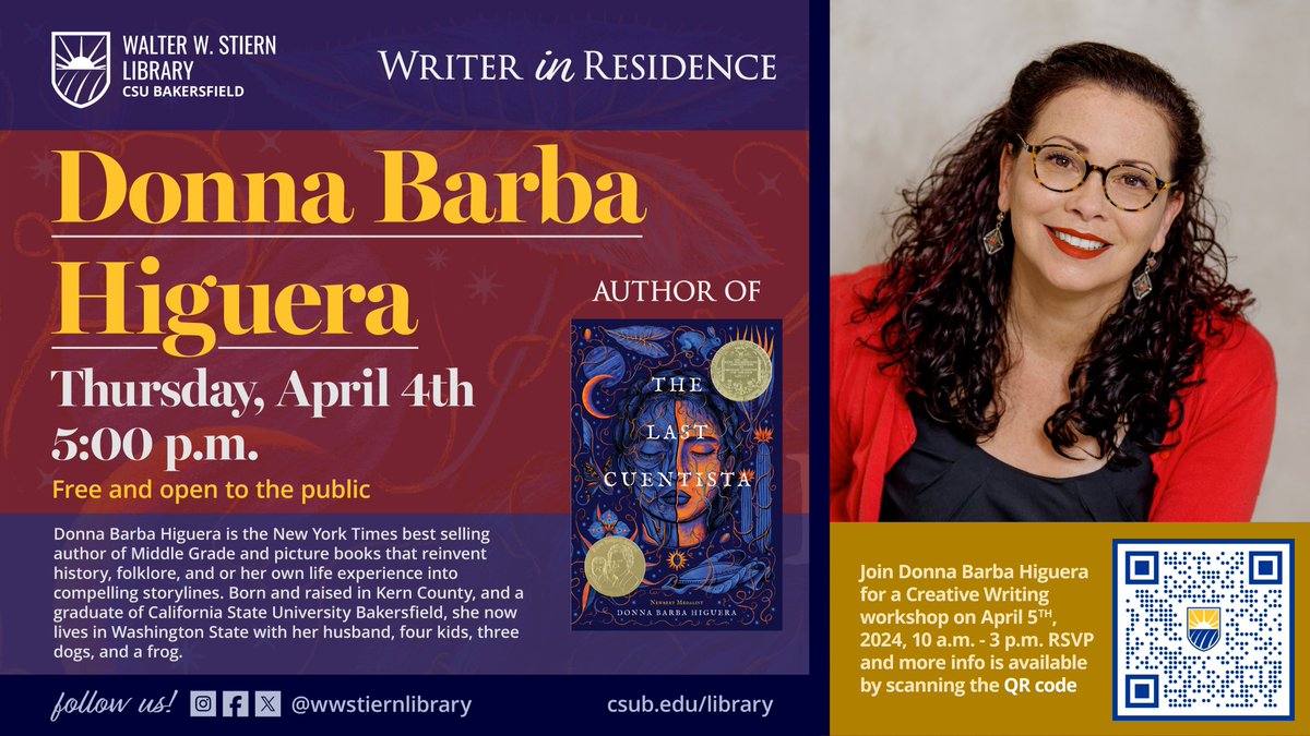 Join us for an Evening with the Author with Newbery Award winner Donna Barba Higuera! Save the date for April 4th at 5 p.m. as Higuera shares insights from her life and her writing. This event is free and open to the public! For more info, visit: csub.libcal.com/event/11957202