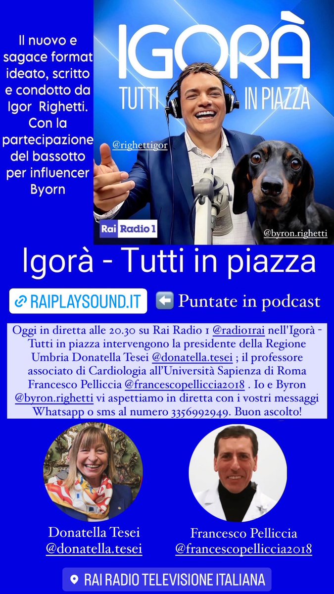 Oggi in diretta alle 20.30 su #RaiRadio1 nell'Igorà - Tutti in piazza intervengono la presidente della Regione Umbria Donatella Tesei @Donatella_Tesei ; il professore associato di Cardiologia all’Università Sapienza di Roma Francesco Pelliccia @pelliccia_f . #rai #radio