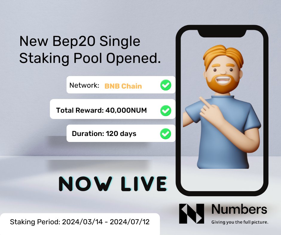 AmbWisdom_'s tweet image. There&apos;s a quick tutorial for the New BEP-20 single staking pool

🤓Network: #BSC 
⏳Duration: 120 Days
🤑#Reward : 40K NUM
💰Estimated APY : 12%
⏰Start: 14 Mar 2024, 13:00 UTC

Tutorial: link.medium.com/oVYYka4iLwb
Stake NOW: 
app.num.network/staking-bep-005