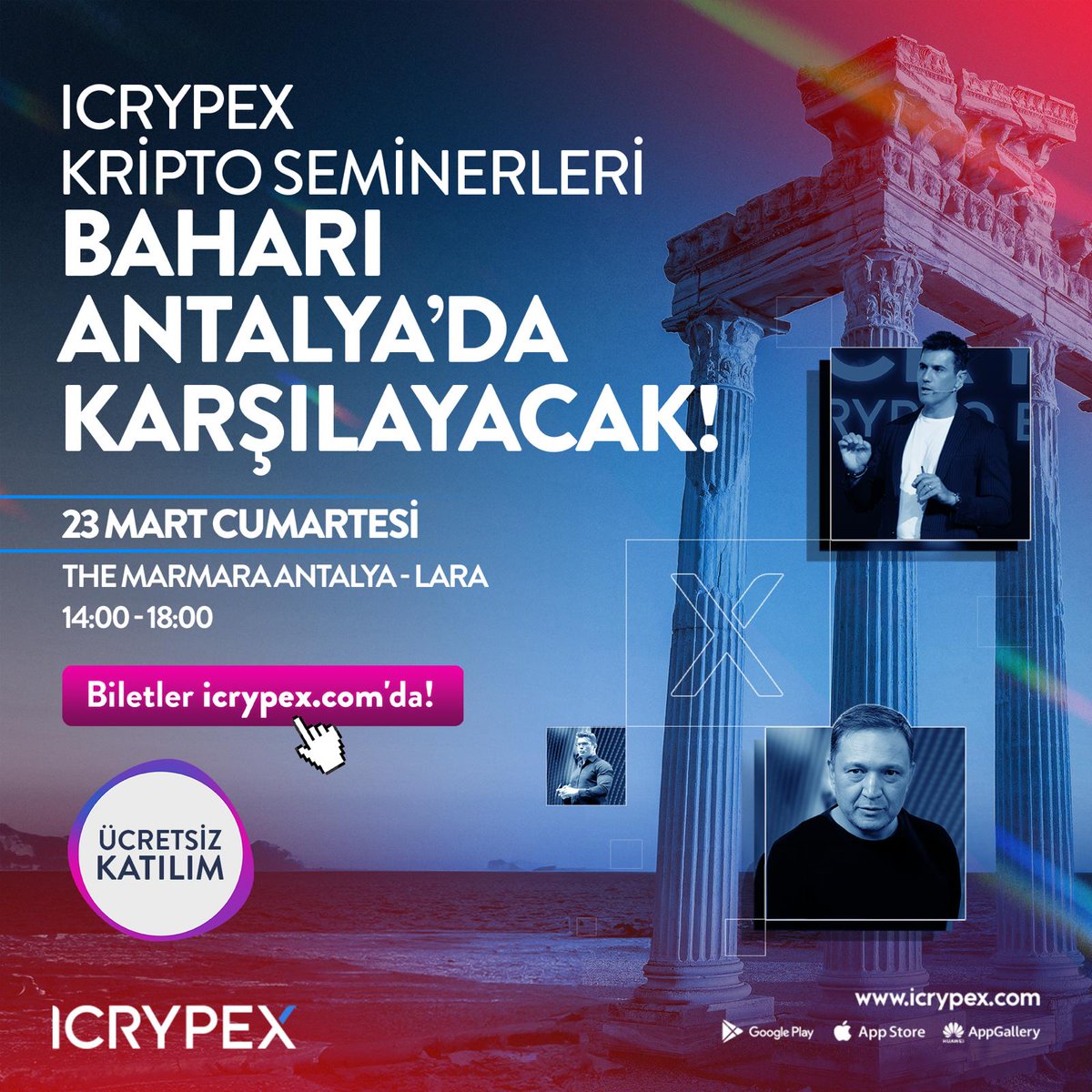 🗣 Bu seminerden öğreneceğiniz çok şey var. ICRYPEX uzman ekibi ve birbirinden değerli konuklarla kripto semineri 23 Mart Cumartesi Antalya'da gerçekleşecek! 🗓 THE MARMARA ANTALYA - LARA ⏰ 14.00 - 18.00 🎟 Ücretsiz bilet için aşağıdaki linke tıklayın. bit.ly/3vJyPSL