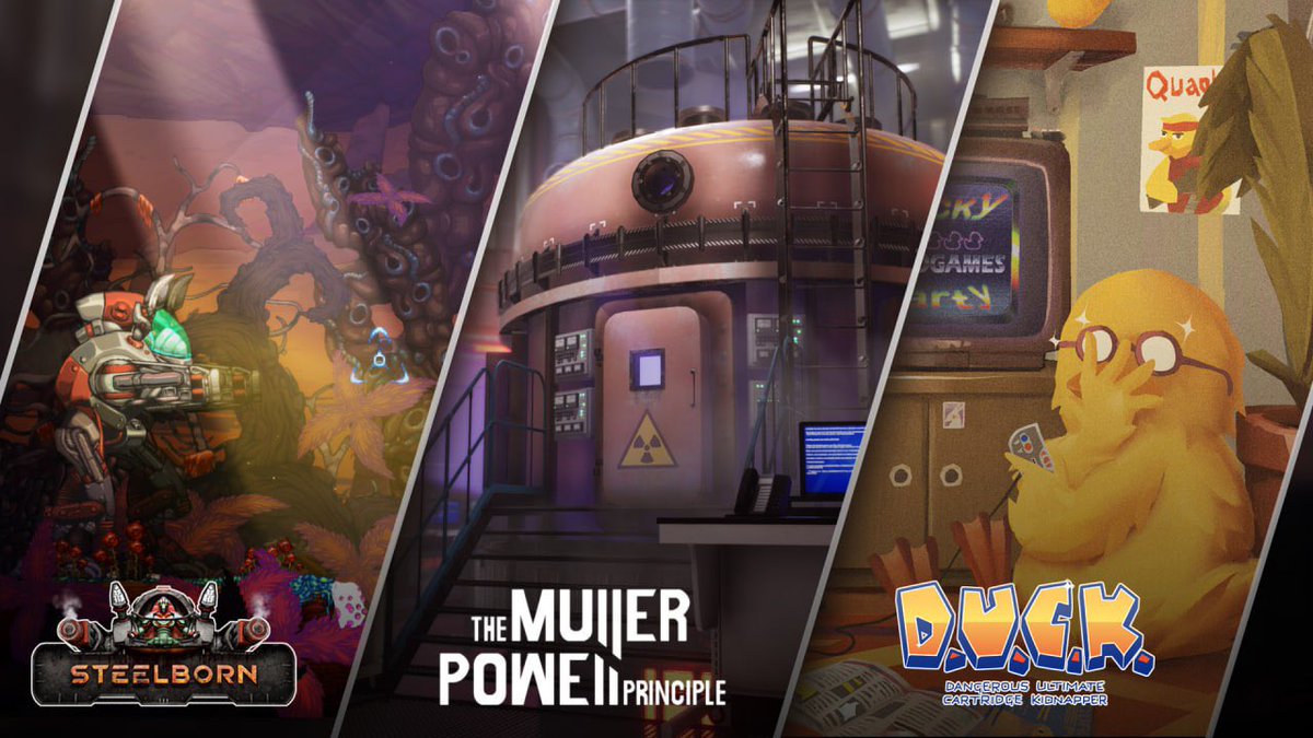 take_aim_games's tweet photo. The #Steam #SpringSale has arrived! Enjoy a 35% discount on The Muller-Powell Principle and a 50% discount on Steelborn and D.U.C.K. until March 21st! 🛍️ https://t.co/oXv5xPM940