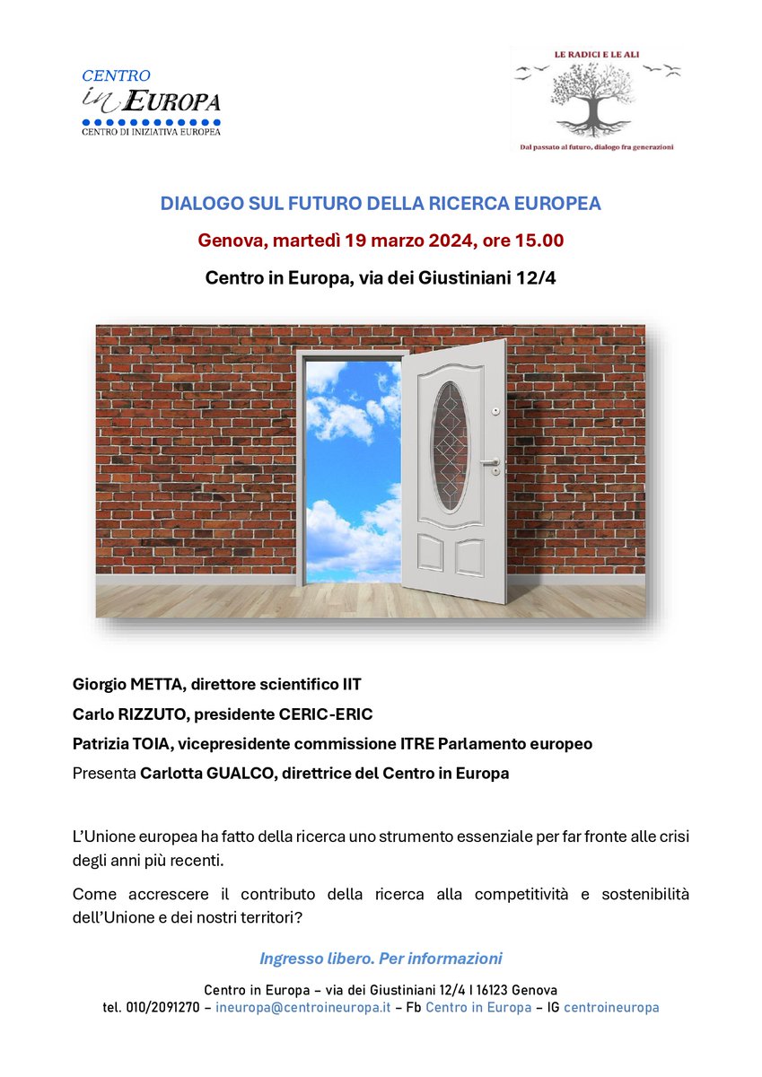 CentroInEuropa's tweet photo. Il 19/3 a #Genova dialogo sul 𝗳𝘂𝘁𝘂𝗿𝗼 𝗱𝗲𝗹𝗹𝗮 𝗣𝗼𝗹𝗶𝘁𝗶𝗰𝗮 𝗘𝘂𝗿𝗼𝗽𝗲𝗮 𝗱𝗲𝗹𝗹𝗮 𝗥𝗶𝗰𝗲𝗿𝗰𝗮 con 𝗚𝗶𝗼𝗿𝗴𝗶𝗼 𝗠𝗲𝘁𝘁𝗮 direttore scientifico @IITalk 𝗖𝗮𝗿𝗹𝗼 𝗥𝗶𝘇𝘇𝘂𝘁𝗼 presidente CERIC-ERIC e @toiapatrizia vicepresidente comm. ITRE @Europarl_IT https://t.co/tC7EGFcQtf