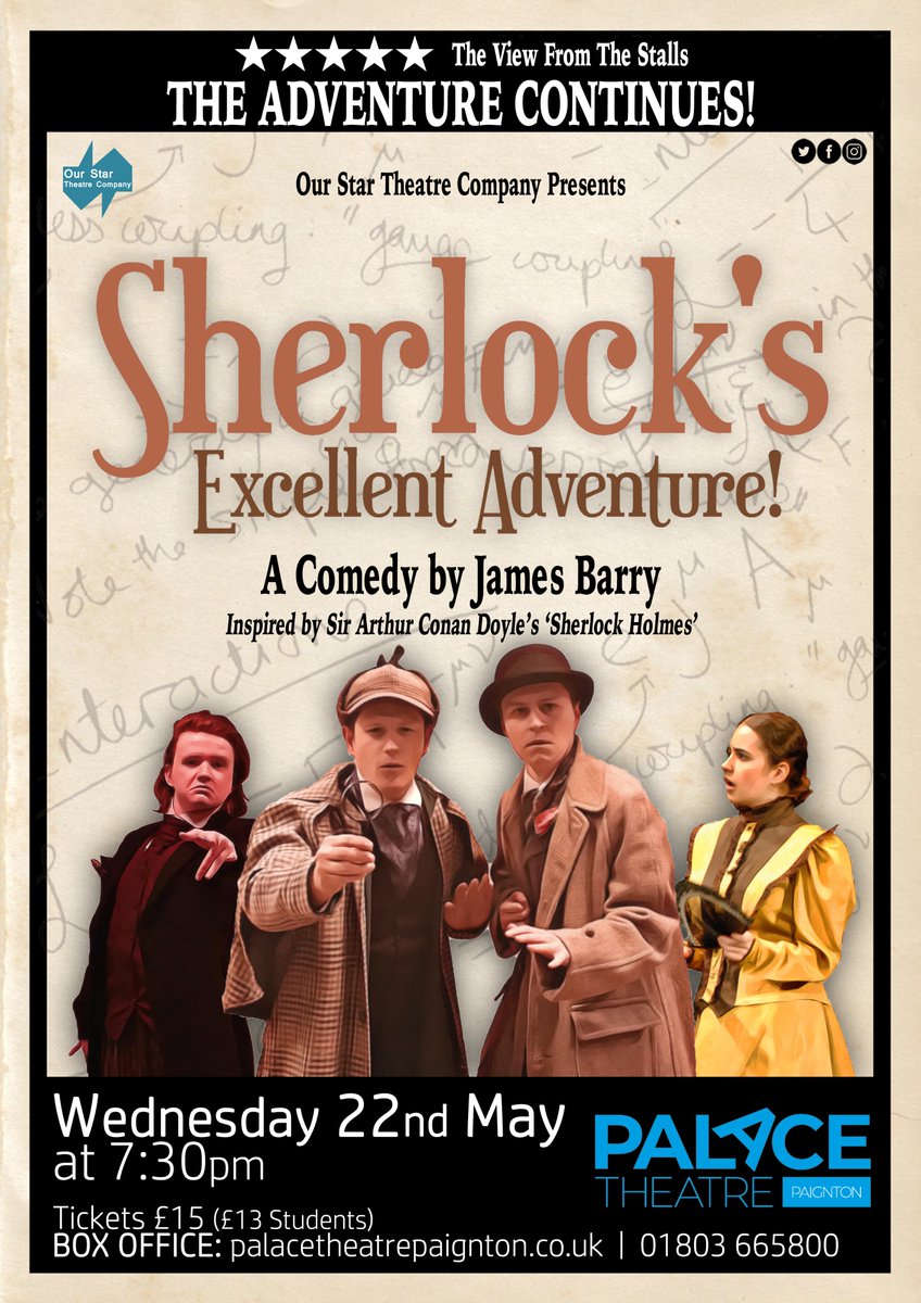 Follow Sherlock Holmes and his incomparable sidekick Dr John Watson on this riveting, hitherto unpublished case. This riotous spoof is taken on by four actors, minimal furnishings and a ton of jolly-good fun! 22 May 🕵️‍♂️palacetheatrepaignton.co.uk/shows/sherlock…