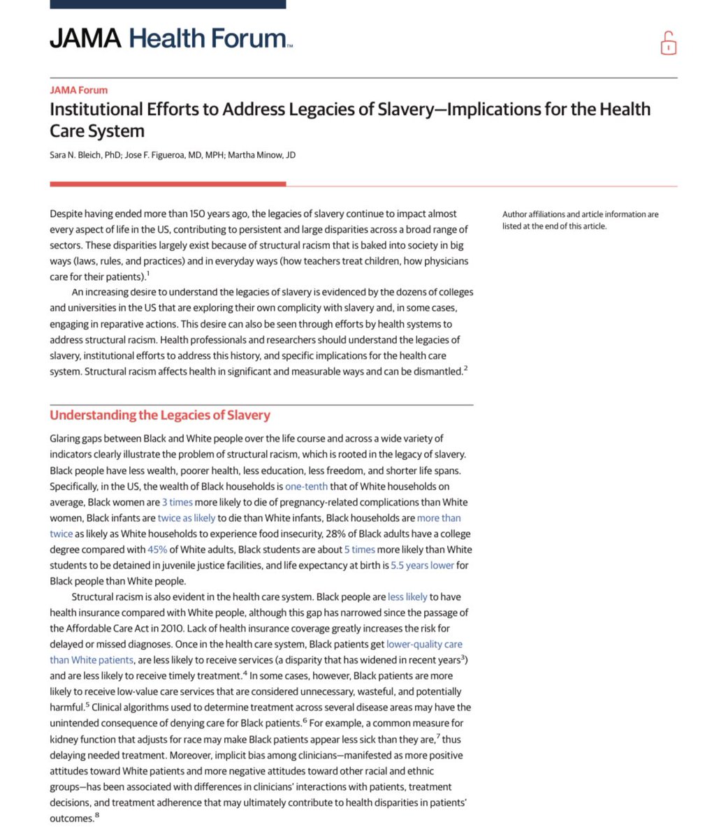 Institutional efforts to address legacies of #slavery and their implications for health care systems. We discuss in new @JAMAHealthForum article led by the brilliant @DrBleich @HarvardChanSPH @HarvardHPM and @HarvardLawProf Martha Minow jamanetwork.com/journals/jama-…