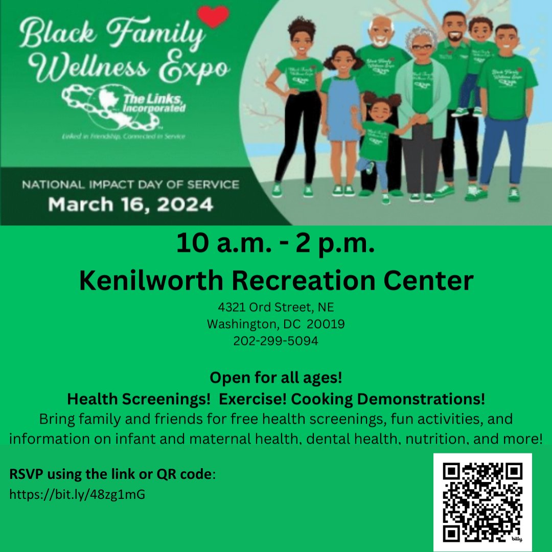 This Saturday I'm looking forward to joining <a href="/MetroDCLinksInc/">MetroDCLinks</a>' Black Family Wellness Expo! Stop by Kenilworth Recreation Center in #Ward7 anytime from 10am-2pm for health screenings, activities &amp; community. Hope to see you there! RSVP: docs.google.com/forms/d/e/1FAI…
#BlackFamilyWellness