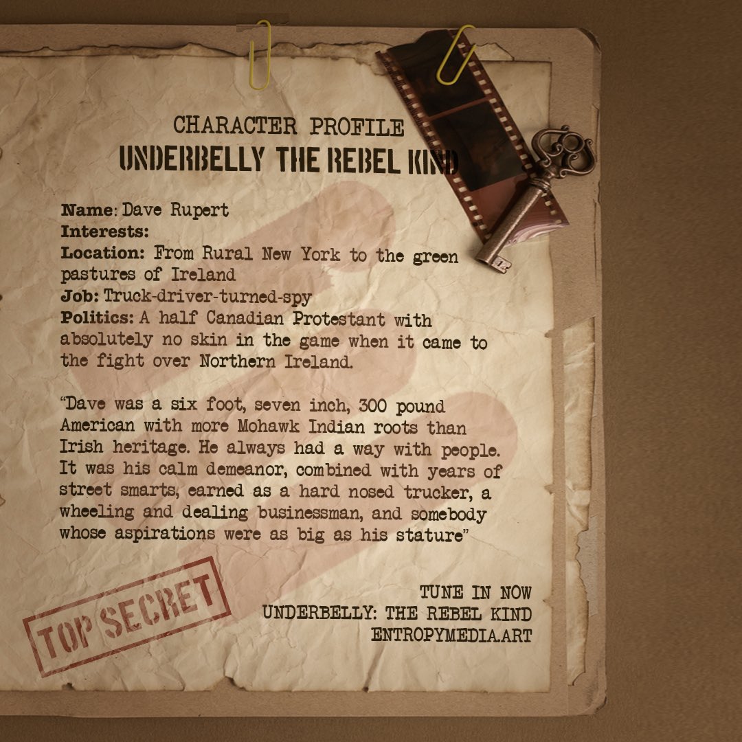 Meet our protagonist Dave - he’s not Irish and he’s not a spy.

Episode 1 ‘There Once Was A Trucker From Chicago’ - Underbelly: The Rebel Kind.

Stream now - link in bio

#TrueCrime #Entropymedia #IrishHistory #IrishRepublicanism #IRA #TheTroubles #History #Podcasts #FBI #Chicago
