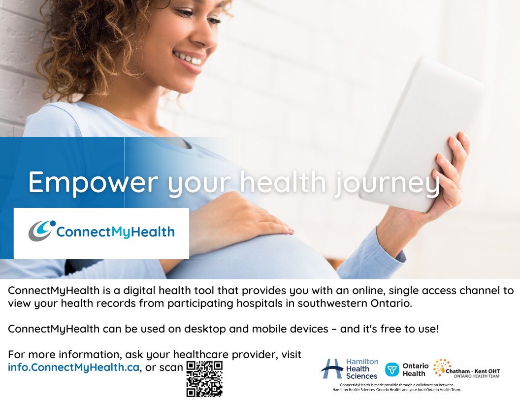 Expecting a baby? Now is a great time to register for ConnectMyHealth, a new, free online patient portal where you can view your health records from participating hospitals in southwestern Ontario. Check it out: info.ConnectMyHealth.ca @CMHEmpowers #OntarioHealthTeam #OHT