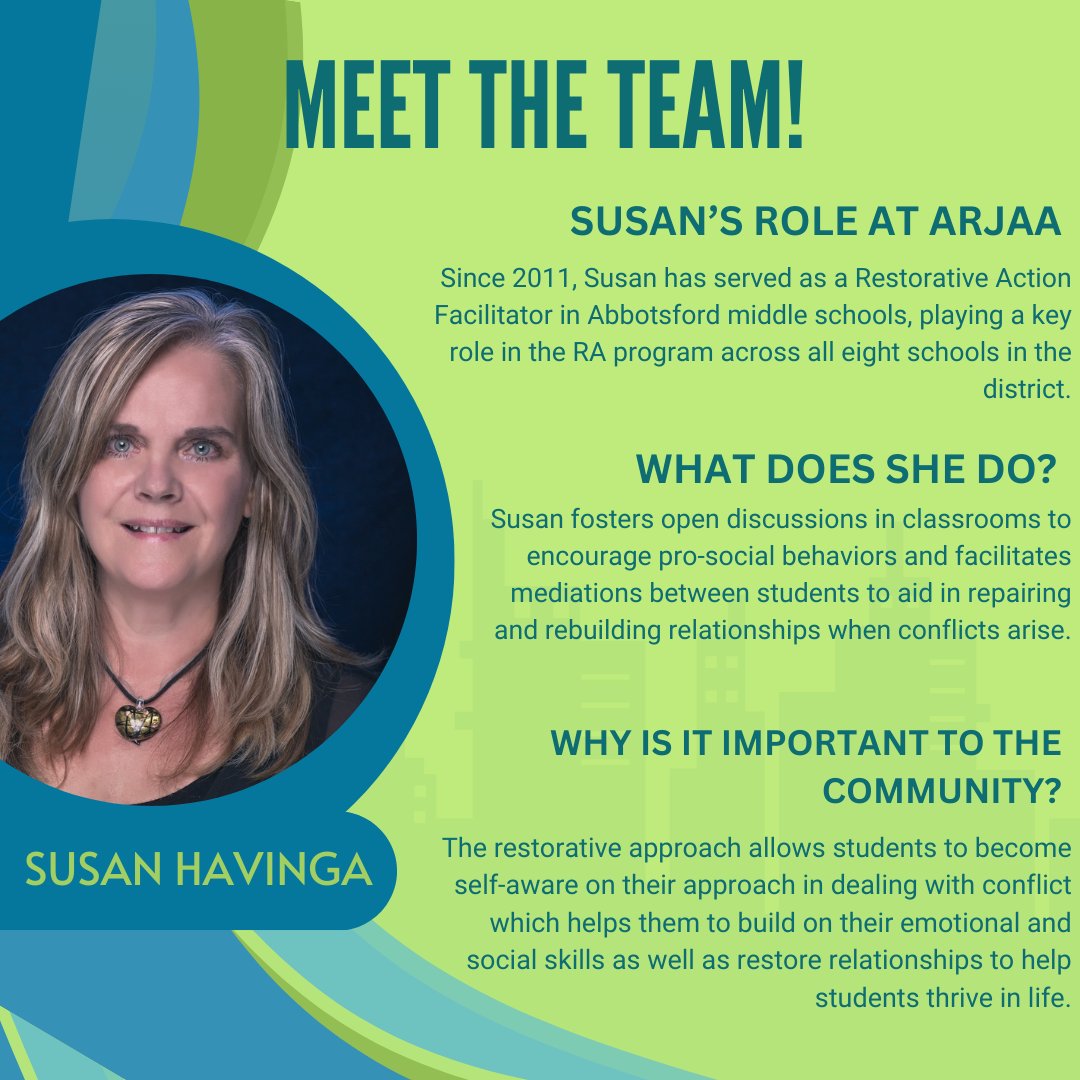Everyone meet Susan! Susan works as a Restorative Action Facilitator in Abbotsford middle schools, and helps them deal with conflict and strategies to repair and rebuild important relationships that may face conflict!

Susan  is a vital member of our community!

#ARJAA #community