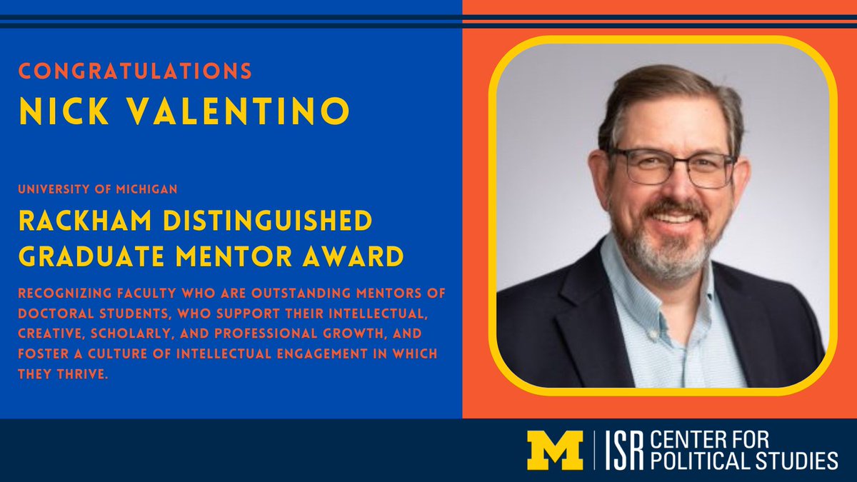 Center for Political Studies (@umisrcps) on Twitter photo 🎉 Congratulations to Nicholas Valentino <a href="/umisrcps/">Center for Political Studies</a> <a href="/electionstudies/">American National Election Studies (ANES)</a> who has won a 2024 Rackham Distinguished Mentor Award-- helping doctoral students flourish and upholding a renowned tradition of mentorship at <a href="/umisrcps/">Center for Political Studies</a> <a href="/umisr/">U-M ISR</a>. 🎉 Congratulations to Nicholas Valentino <a href="/umisrcps/">Center for Political Studies</a> <a href="/electionstudies/">American National Election Studies (ANES)</a> who has won a 2024 Rackham Distinguished Mentor Award-- helping doctoral students flourish and upholding a renowned tradition of mentorship at <a href="/umisrcps/">Center for Political Studies</a> <a href="/umisr/">U-M ISR</a>.