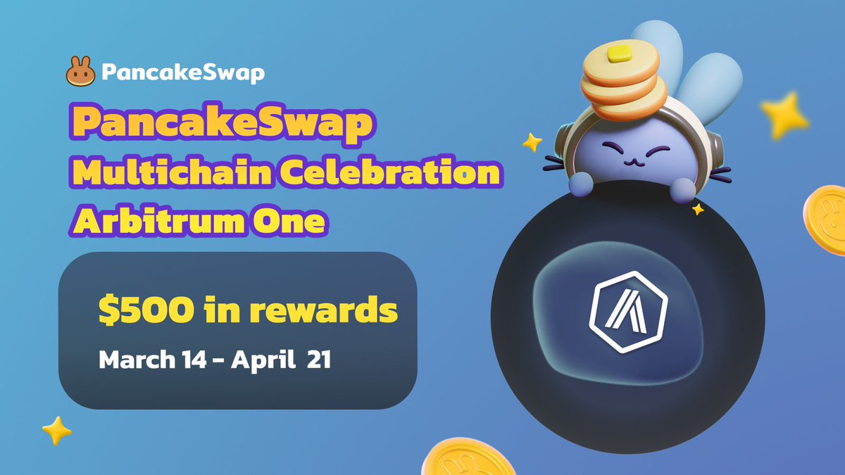 PancakeSwap's tweet photo. We're thrilled to kick off our first blockchain week for the PancakeSwap Multichain Celebration 🥞❤️

We're starting strong with Arbitrum One, a powerhouse Layer 2 solution in the crypto ecosystem🤝

Ready to join the fun? Here's how:

1. Complete tasks on the QuestN PancakeSwap page: https://t.co/sYpPxV29ux

2. That's it! Every correct answer earns you a chance to win in our lucky draw 🍀

🗓️Campaign Time: March 14, 18:00 UTC - March 21, 18:00 UTC

 Let the celebration begin!