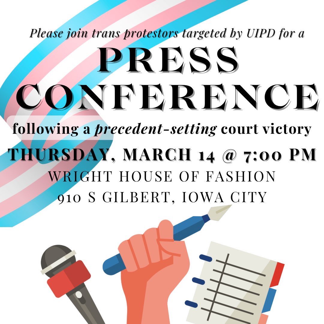 We congratulate Tara McGovern on their acquittal after being unjustly targeted by UIPD and the Johnson County Attorney's office. Please tune in this evening for a livestream by @CorridorCAN to hear from Tara and other trans protestors.
