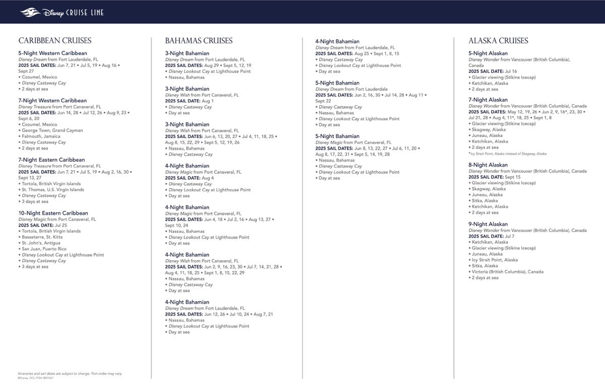 DCL_CRUISE_NERD's tweet image. Ahoy Cruise Nerds!! Disney Cruise Line has announced itineraries for 2025 (May-September); if you wish to book starting next week is the earliest you can book of course depending on your Castaway Club status; Happy Sailing!! #disneycruiseline #itineraryplanning #disneycruising