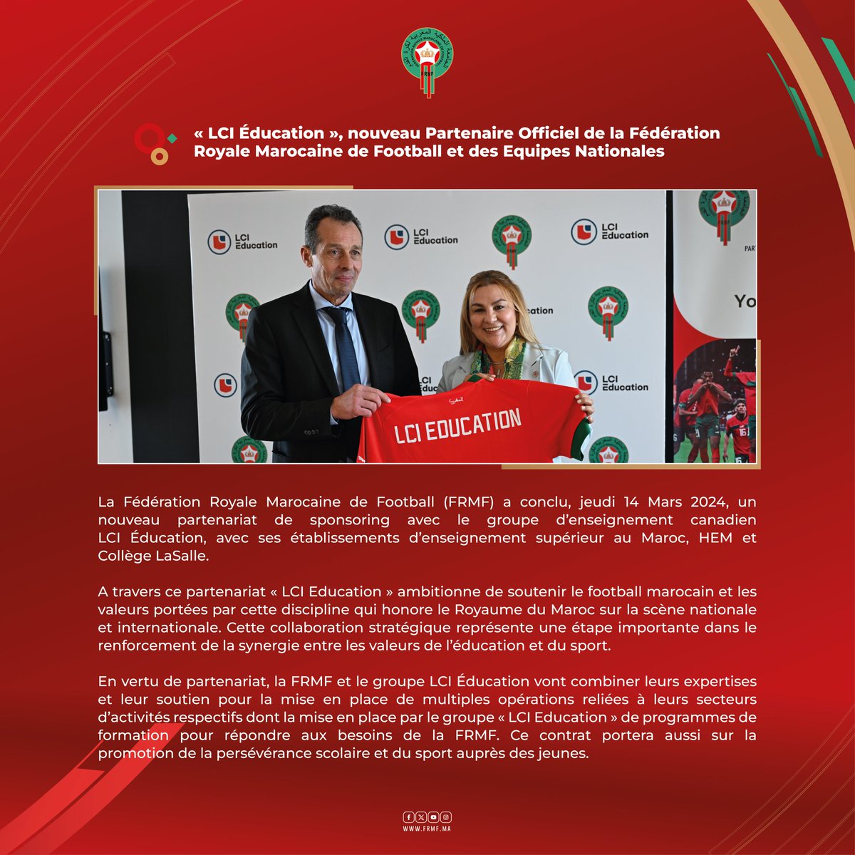 « LCI Éducation », nouveau Partenaire Officiel de la Fédération Royale Marocaine de Football et des Equipes Nationales. @HEMofficiel @LaSalleMaroc @LCIEducation