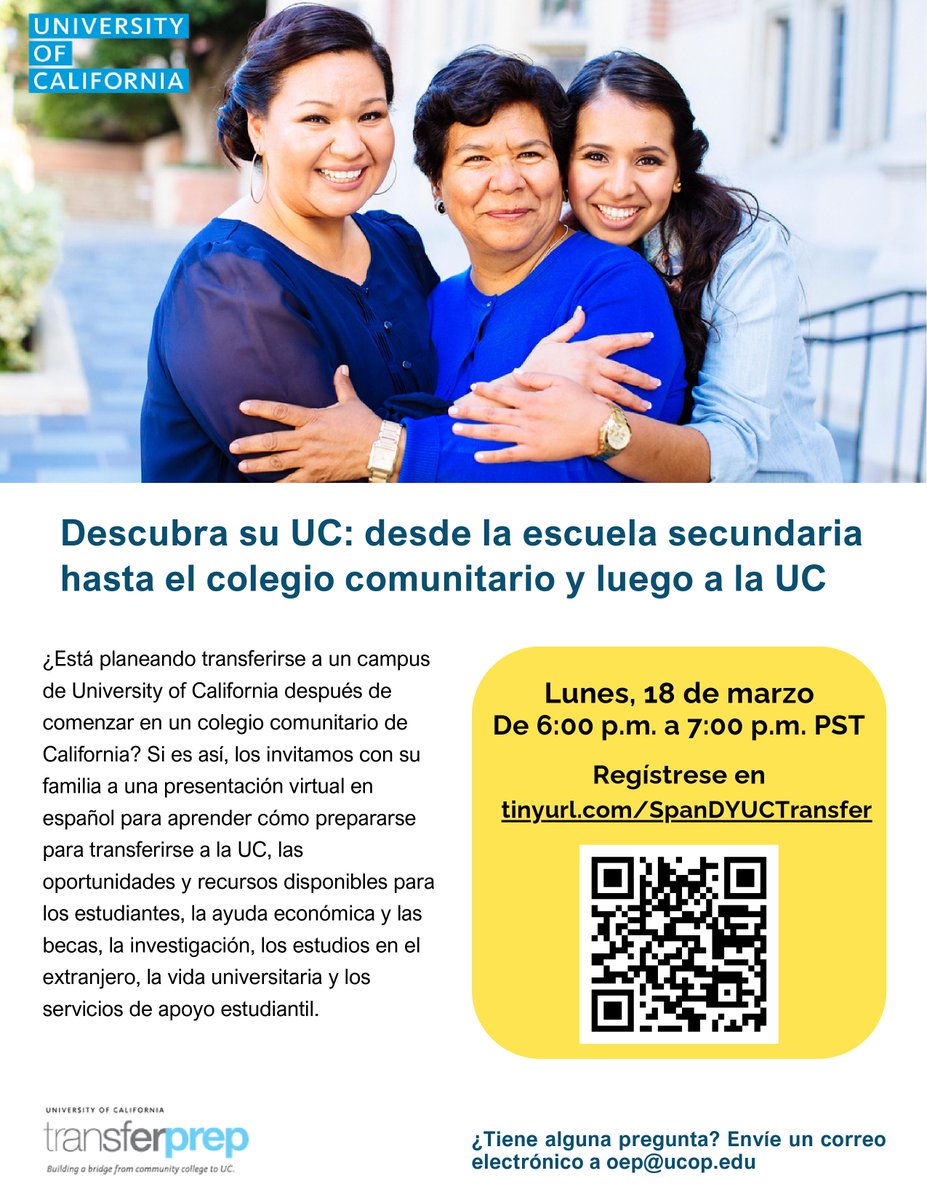 Join us for 'The Transfer Pathway: From High School to Community College to University of California' webinar! Register in Spanish: tinyurl.com/SpanDYUCTransf… Register in English: tinyurl.com/DYUCtransfer