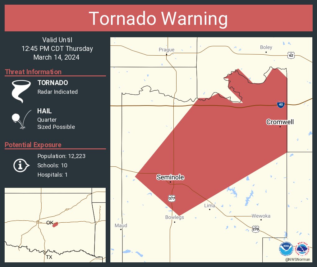 NWStornado's tweet photo. Tornado Warning including Seminole OK and Cromwell OK until 12:45 PM CDT https://t.co/lUlTORlddi