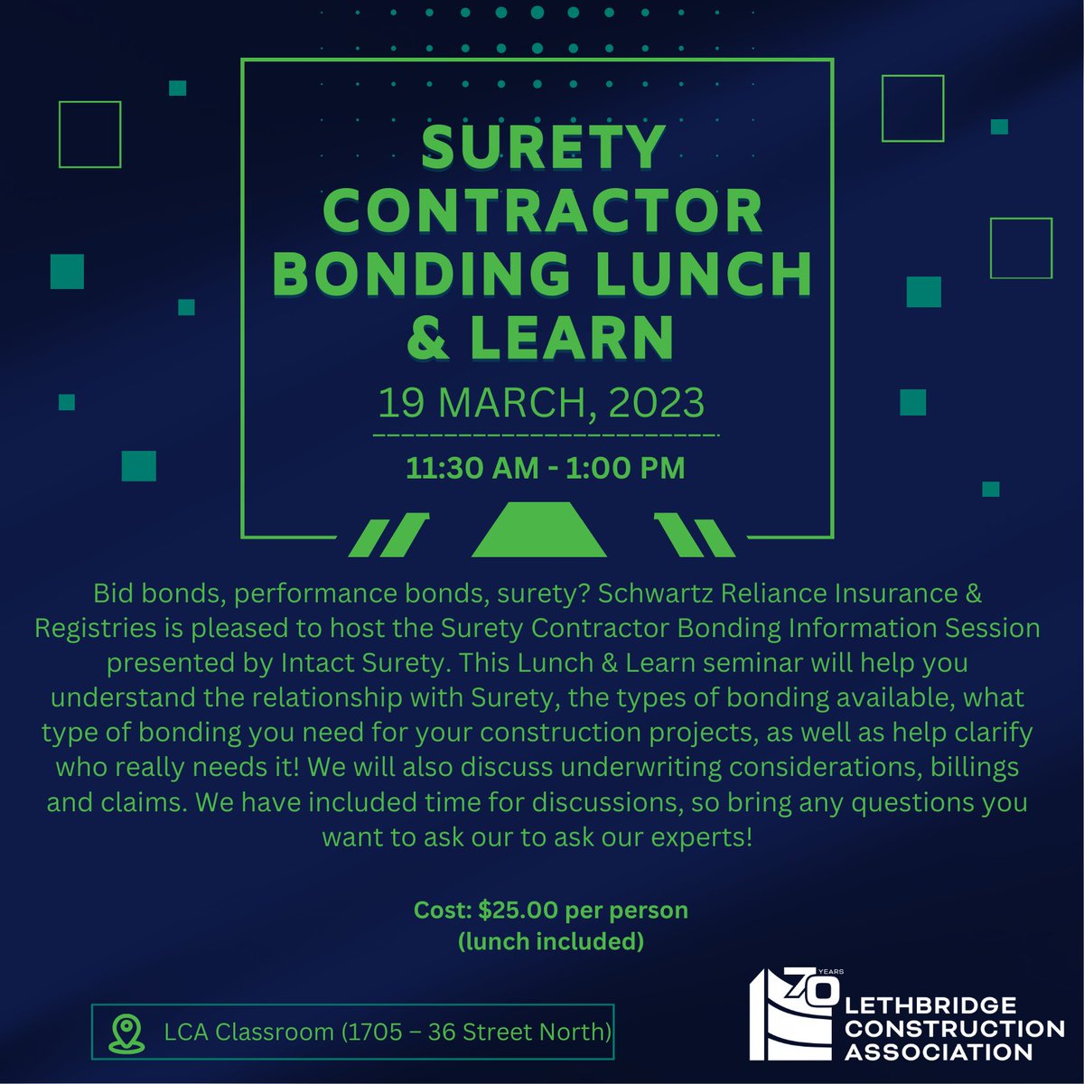 To register for the Surety Contractor Bonding Lunch &amp; Learn next week, contact the LCA office at 403-328-2474, or by email at: admin@lethconst.ca. 
#lunchandlearn #lca70 #lca #lethbridgeconstructionassociation #yql  #southwestcornerofAlberta #commercialconstruction