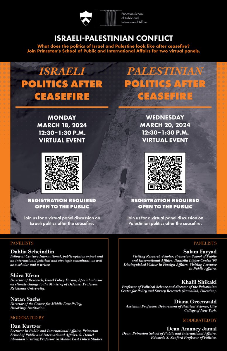 Join SPIA next week for a pair oftwo virtual panel discussions on Israeli and Palestinian politics after a ceasefire. spia.princeton.edu/events
