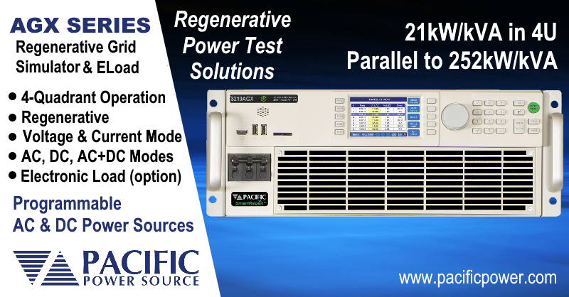 Introducing the all new AGX Series Regenerative Grid Simulator with electronic load option from Pacific Power Source. These high power, bidirectional AC &amp; DC power sources can return energy produced by distributed generator devices like solar inverters or bidirectional EV