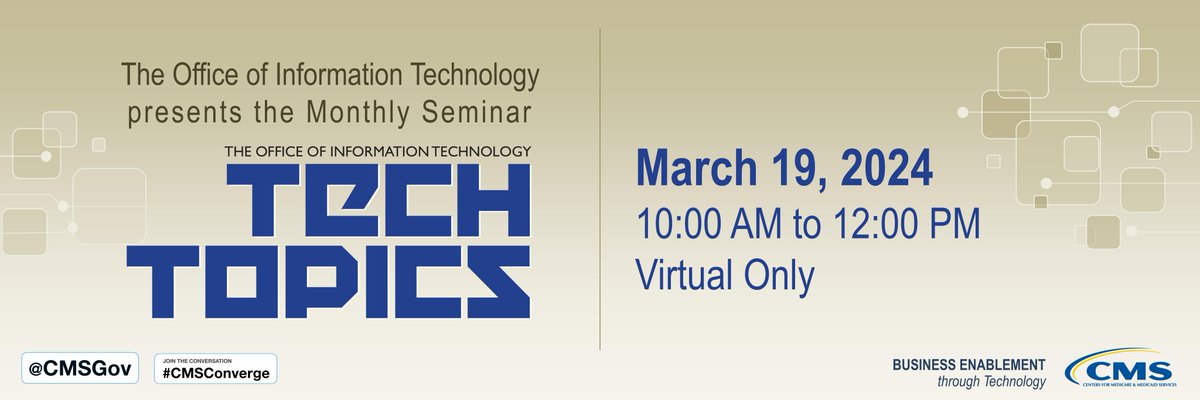 CMSGov's tweet image. #CMSConverge - Join us at 10AM on March 19th for #TechTopics! Please click the link to join the webinar (not active until 03/19).

go.cms.gov/3Vbq4eW
Dial:  833 568 8864 US Toll Free
Passcode: 007971
Webinar ID: 161 655 3667