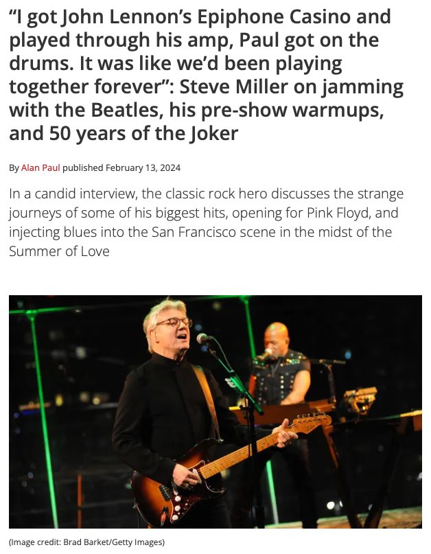 Steve Miller talks about jamming with The Beatles, pre-show warmups, and 50 years of ‘The Joker’ in his interview with Guitar Player. Read more at guitarplayer.com/players/steve-… #J50TheEvolutionOfTheJoker