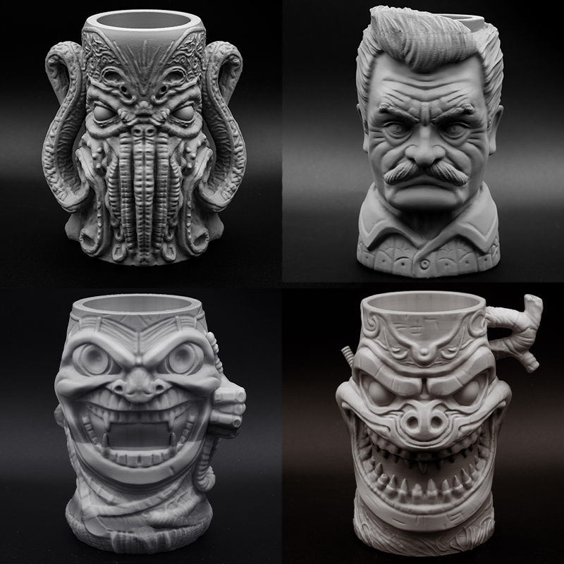 These are the first 4 tiki mugs available to my subscribers. They can hold a 16oz can. Available on Thangs.com and Patreon. #tiki #tikimug #3Dprinting #3dmodeling #3DModel #3dprint