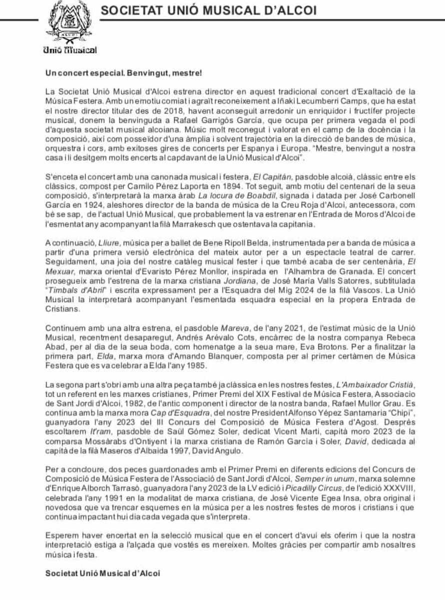 UnioMusical's tweet image. ➕🌙 Ja venen festes! 🌙➕

Concert d'exaltació de la musica festera 2024!

👉🏼 Aquest diumenge a les 11:45h al Teatre Calderón sota la batuta de Rafa Garrigós.

Entrades a: home.ticketalcoi.com/eventos/societ…