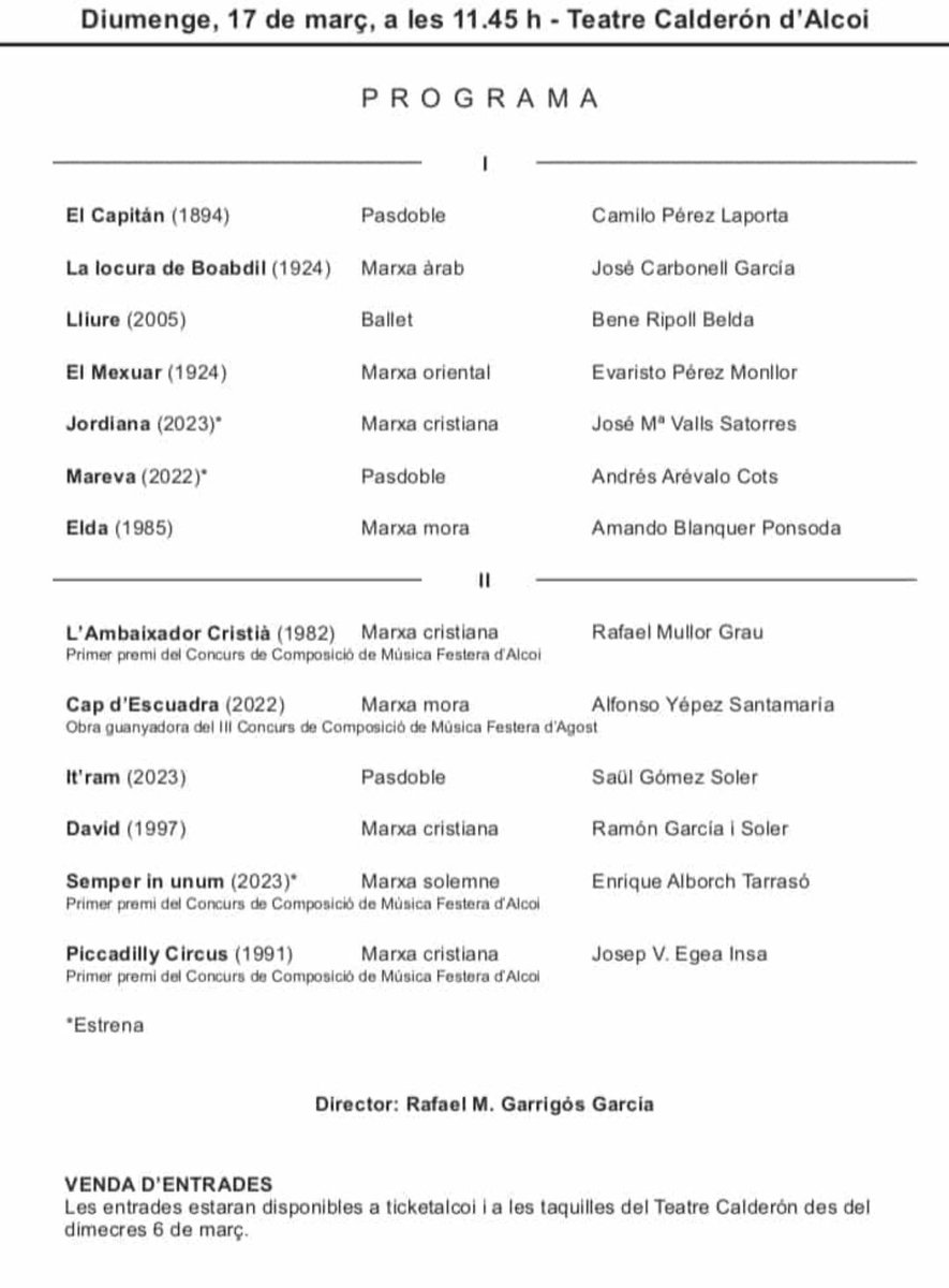 UnioMusical's tweet image. ➕🌙 Ja venen festes! 🌙➕

Concert d'exaltació de la musica festera 2024!

👉🏼 Aquest diumenge a les 11:45h al Teatre Calderón sota la batuta de Rafa Garrigós.

Entrades a: home.ticketalcoi.com/eventos/societ…