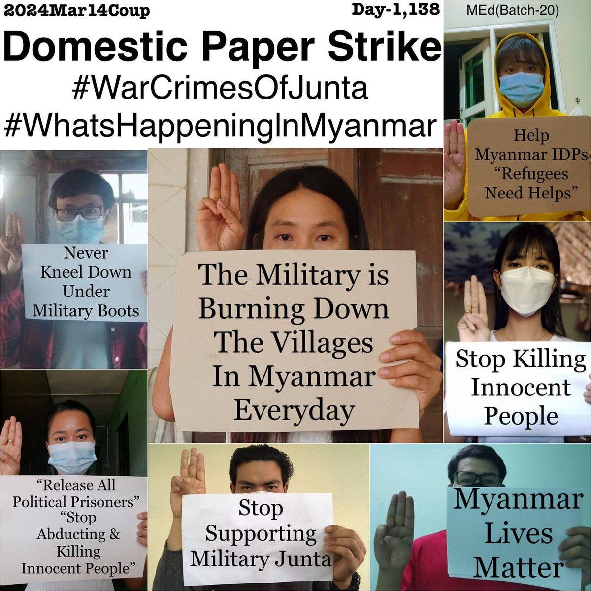 Daily anti-coup revolutionary domestic strike by pro-democracy CDMer teachers from Sagaing University of Education as 1,138th day.

#2024Mar14Coup #WhatsHappeningInMyanmar