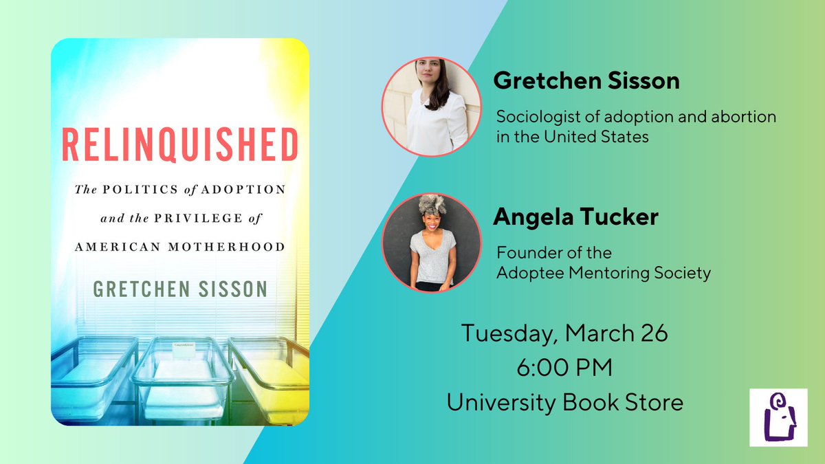 University Book Store (@ubookstoresea) on Twitter photo Join us Tuesday, March 26 for a conversation with the brilliant and insightful <a href="/gesisson/">Gretchen Sisson</a> and <a href="/theadoptedlife/">Angela Tucker</a>.
Learn more: ubookstore.com/events?day=26&β¦ Join us Tuesday, March 26 for a conversation with the brilliant and insightful <a href="/gesisson/">Gretchen Sisson</a> and <a href="/theadoptedlife/">Angela Tucker</a>.
Learn more: ubookstore.com/events?day=26&β¦