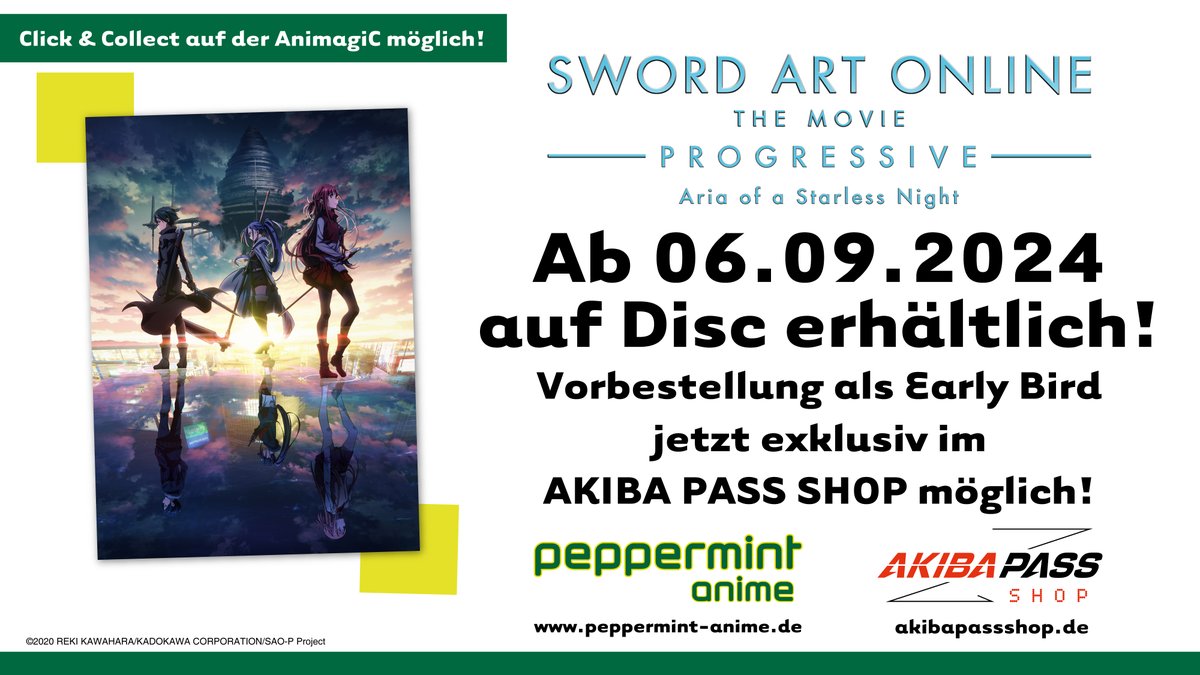 AKIBAPASS's tweet photo. Sword Art Online the Movie -Progressive- #1 &amp; #2 jetzt im EarlyBird VVK! Nur im AKIBA PASS SHOP: sichere dir bis 18.06.24 5% Rabatt und ein exklusives Goodie!🔥 Beide Filme auch als Bundle!
https://t.co/LkIko5fZbF
#peppermintanime #akibapass #akibapassshop #saoprogressive https://t.co/BcTxYKEpuZ