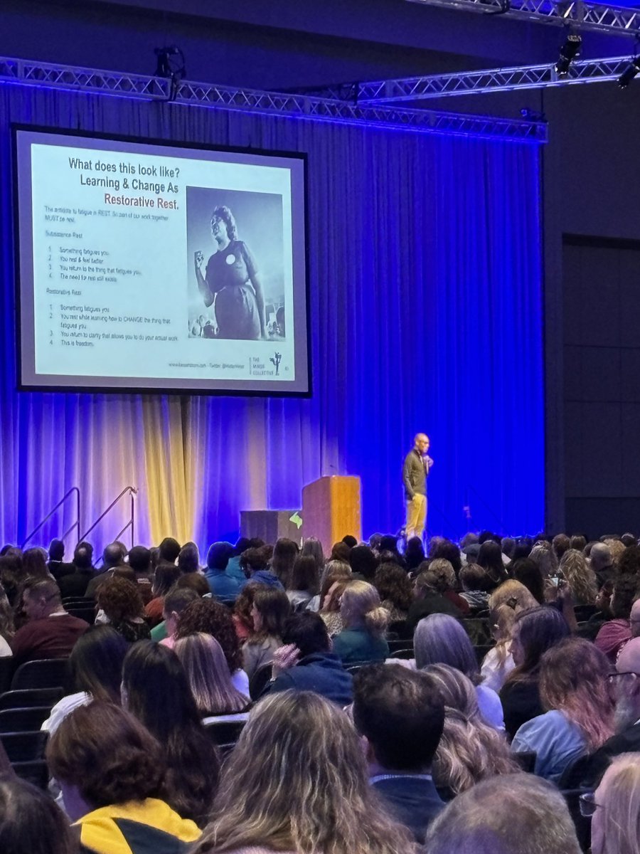 Packed auditorium for Cornelius Minor's keynote: "We Can't Do It All. We Shouldn't." A great conversation about processing the struggles we have as educators and how we think about solutions! #MACUL24