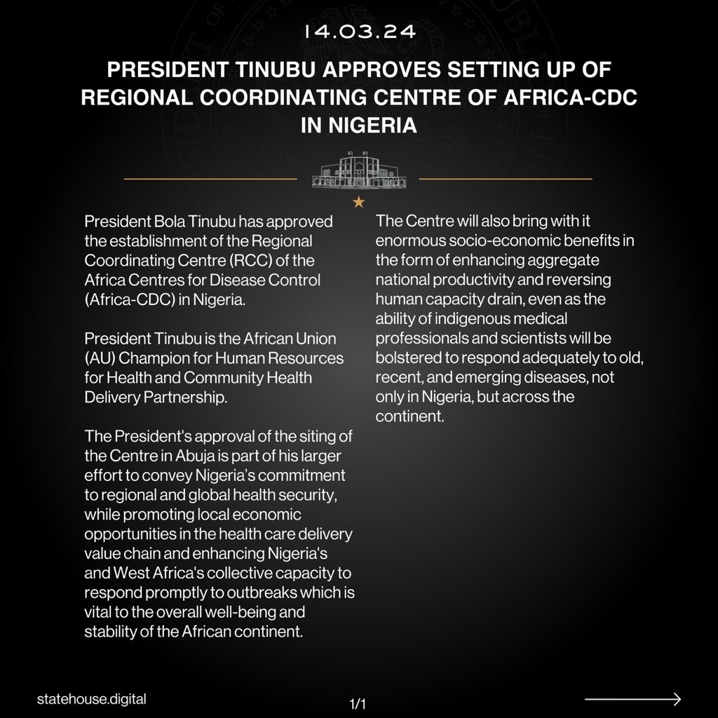 President Tinubu Approves Setting Up of Regional Coordinating Centre of Africa-CDC in Nigeria

#StateHousePressRelease