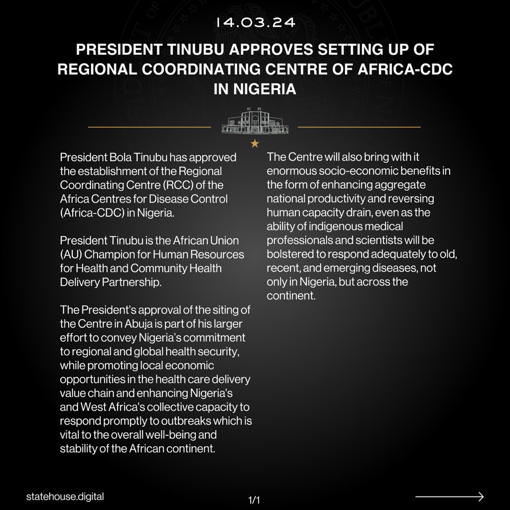 President Tinubu Approves Setting Up of Regional Coordinating Centre of Africa-CDC in Nigeria #StateHousePressRelease