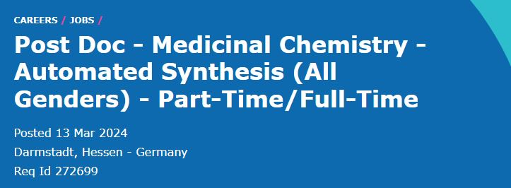 Fuchss_Thomas's tweet photo. Exciting opportunity alert! Join our team at Merck KGaA, Darmstadt, Germany as a Postdoc in Synthesis Automation within our Medicinal Chemistry and Drug Design Department. If you're passionate about advancing drug discovery through automation, apply now! https://t.co/VkEm6a3jp7 https://t.co/Lwx4GdwNE8