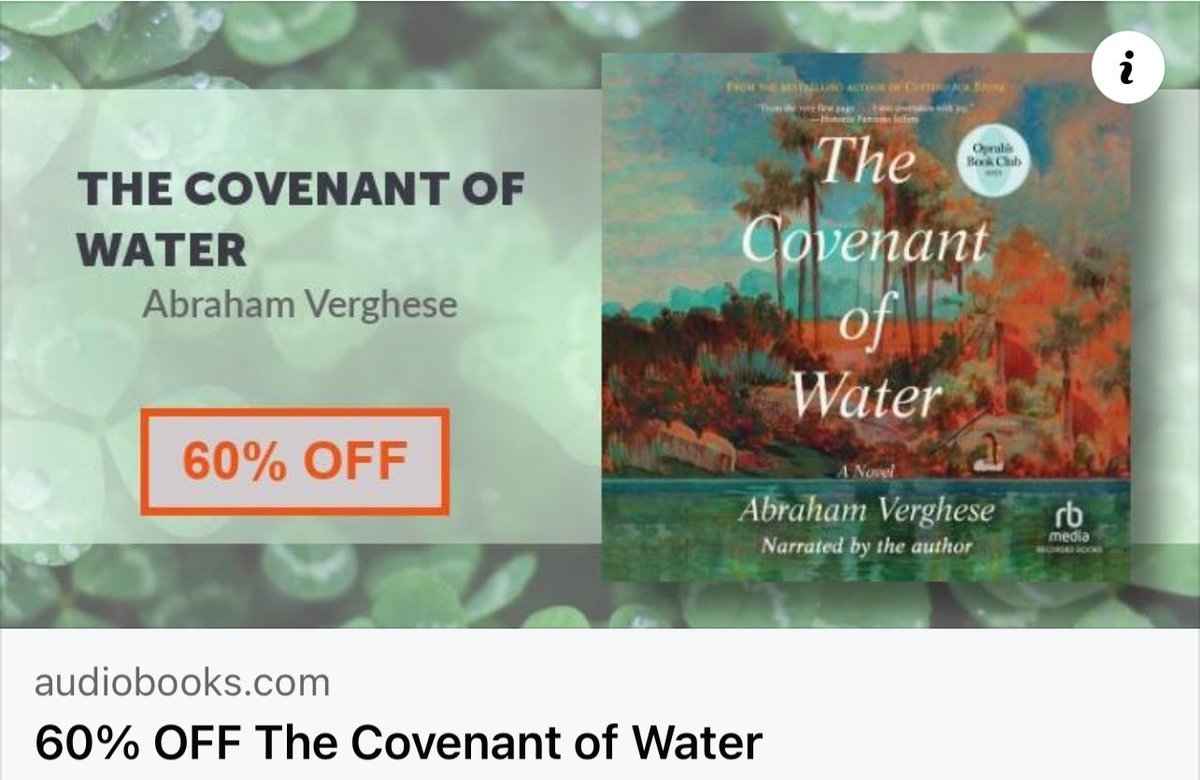 The audiobook of THE COVENANT OF WATER is 60% off through the rest of March 🎉 audiobooks.com/promotions/pro…