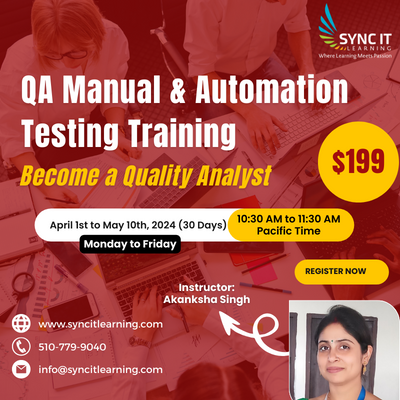 syncitlearning's tweet image. We are thrilled to announce our upcoming Quality Analyst Training course! 🌟   

Don’t miss this incredible opportunity to equip yourself with the knowledge and skills needed to thrive in the ever-evolving IT industry! 

#QualityAnalystTraining #ManualTesting #AutomaticTesting