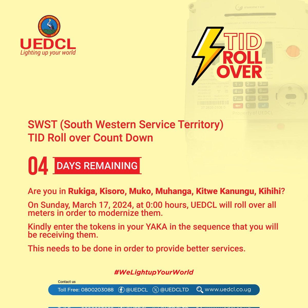 UEDCLTD's tweet photo. #UEDCLUpdate: Dear customers in #SWST please take note of this important meter upgrade in your area commencing on Sunday 17 March 2024 from 00: hours. #Together, we shall upgrade our meters. Remember, our toll free line is 24hours available at 0800203088. JK. https://t.co/VIEHlrRL0n
