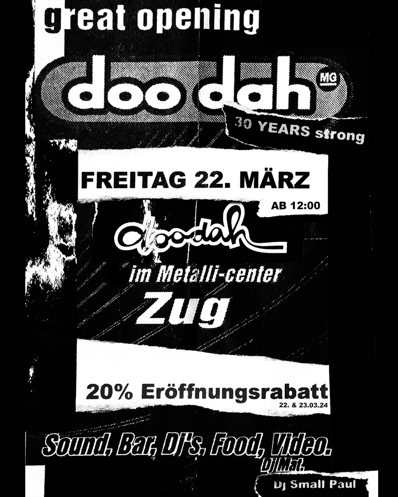 doodahstore's tweet photo. For doodah 30th, the OG store in Zug is moved to Baarerstrasse 14A in the Metalli, one of the longest open and yet covered shopping arcades in Europe.

During the opening days on 22 and 23 March 2024, there will be a 20% discount on the entire product range. https://t.co/U8I7AkYA0p