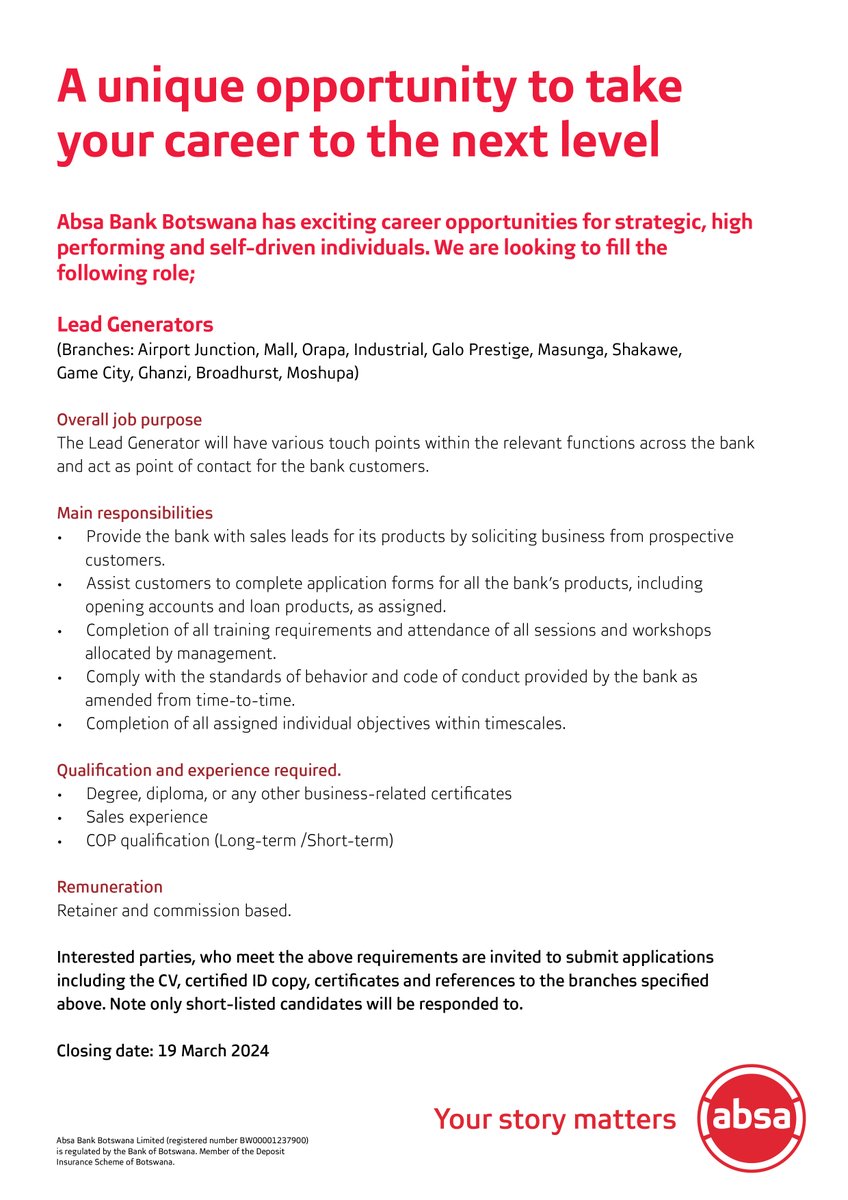 AbsaBotswana's tweet photo. We are looking for high performing and self-driven individuals to join us as Lead Generators. https://t.co/Cl4blNjpYG
