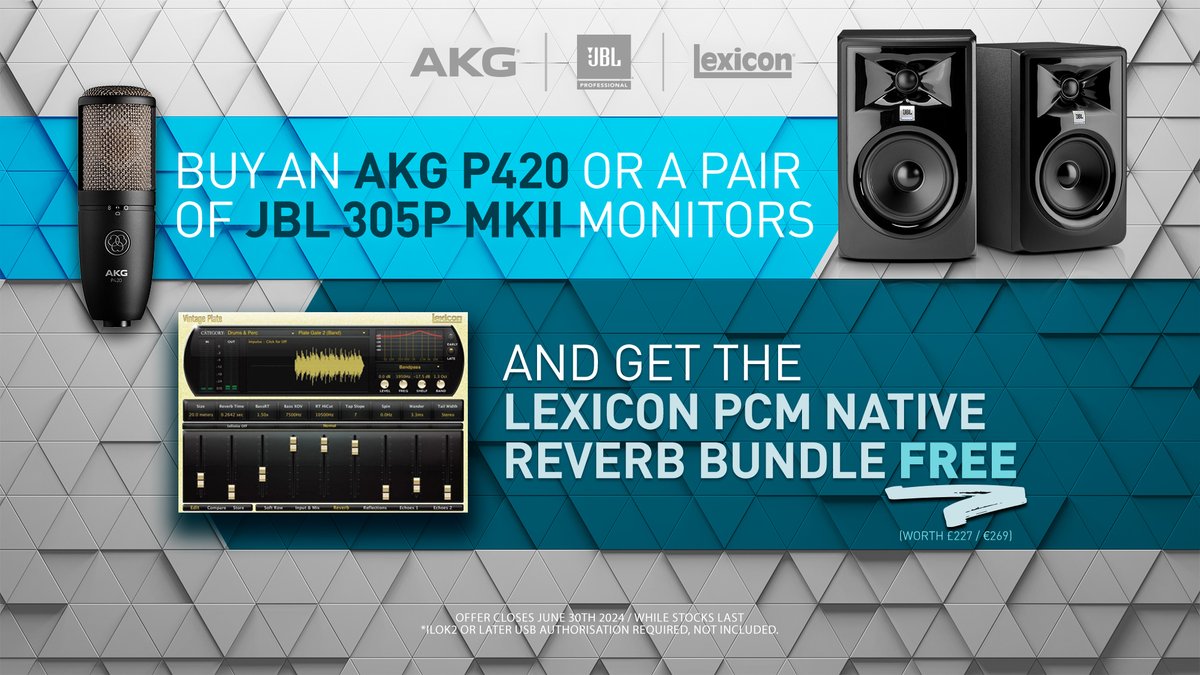 From 1st March to 30th June 2024, any customer registering a new pair of @thejblpro 305P MkII studio monitors or an @AKGaudio P420 studio microphone, can claim the @lexiconpro PCM Native Reverb Plug-In Bundle for FREE. Full details 👉 loom.ly/whJcWw4